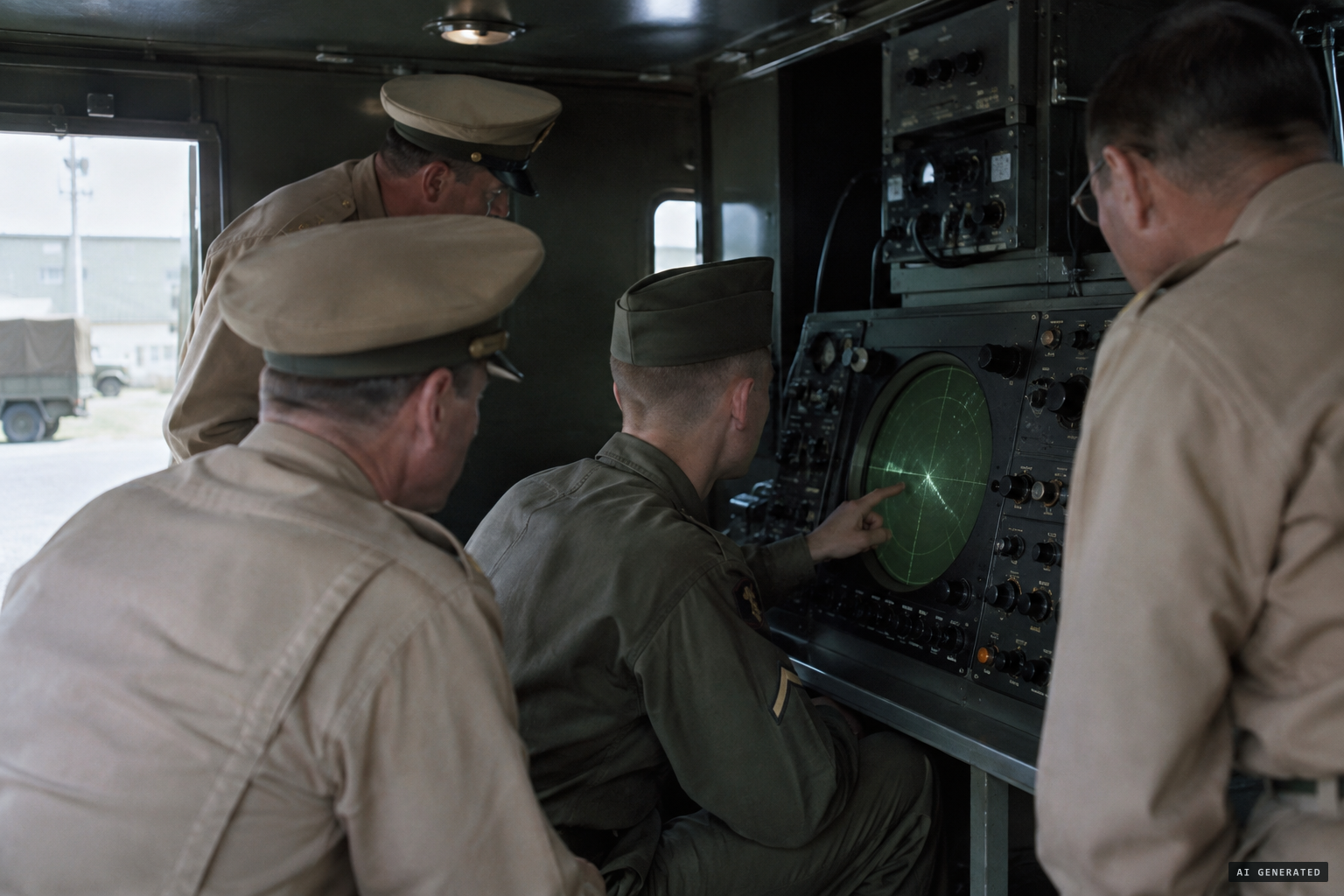 A student radar operator shows visiting officers the AN/MPG-1 as it locks onto a low, fast target