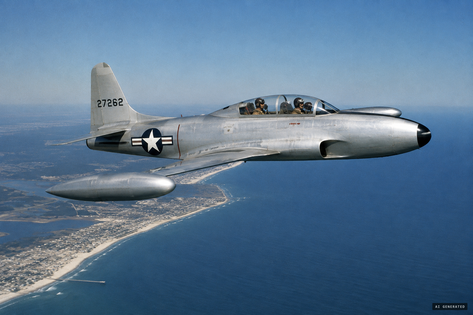 Lt. Rogers and Maj. Ballard fly their T-33 from Dover toward Mitchel AFB