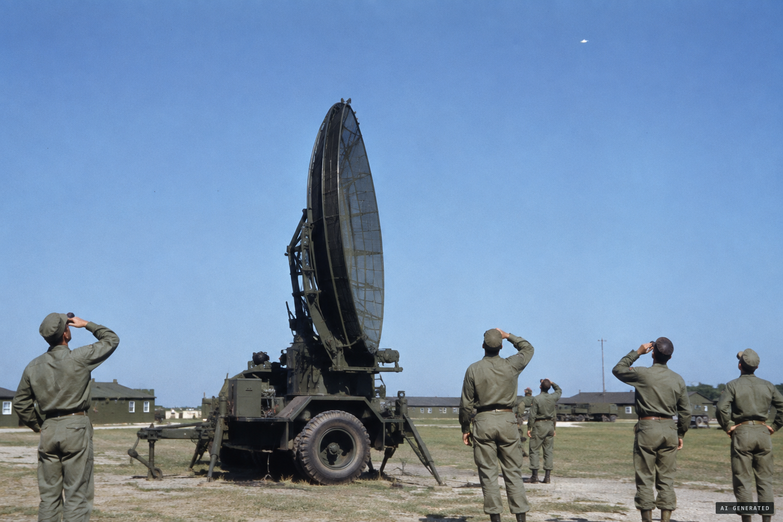 Ground observers see a silver speck as the SCR-584 tracks a target at 93,000 feet