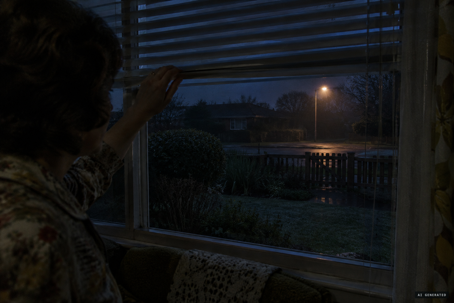 Frances Clark opens her blinds in the early morning