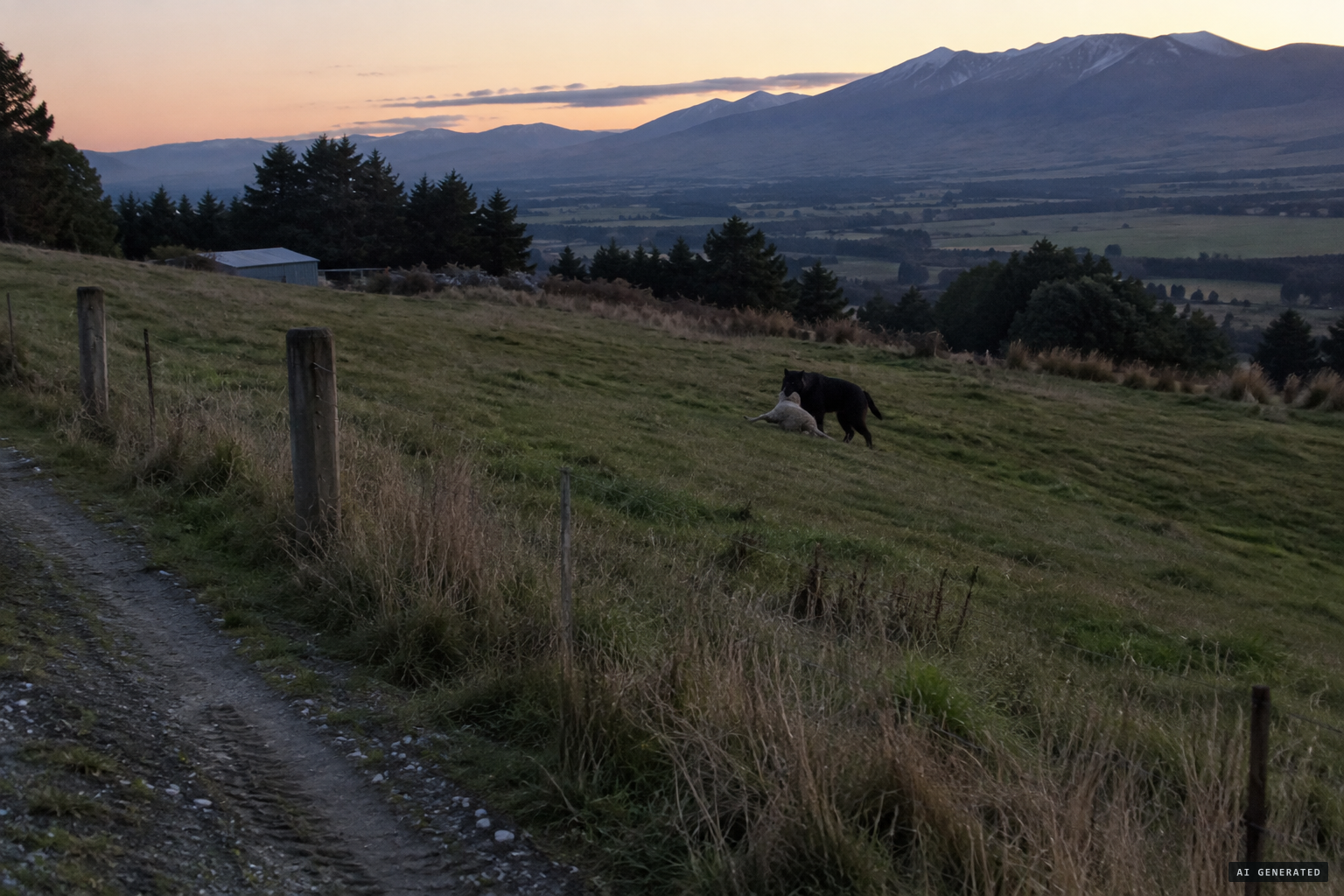 A black cat drags a lamb 20 m at Mount Somers, 2007