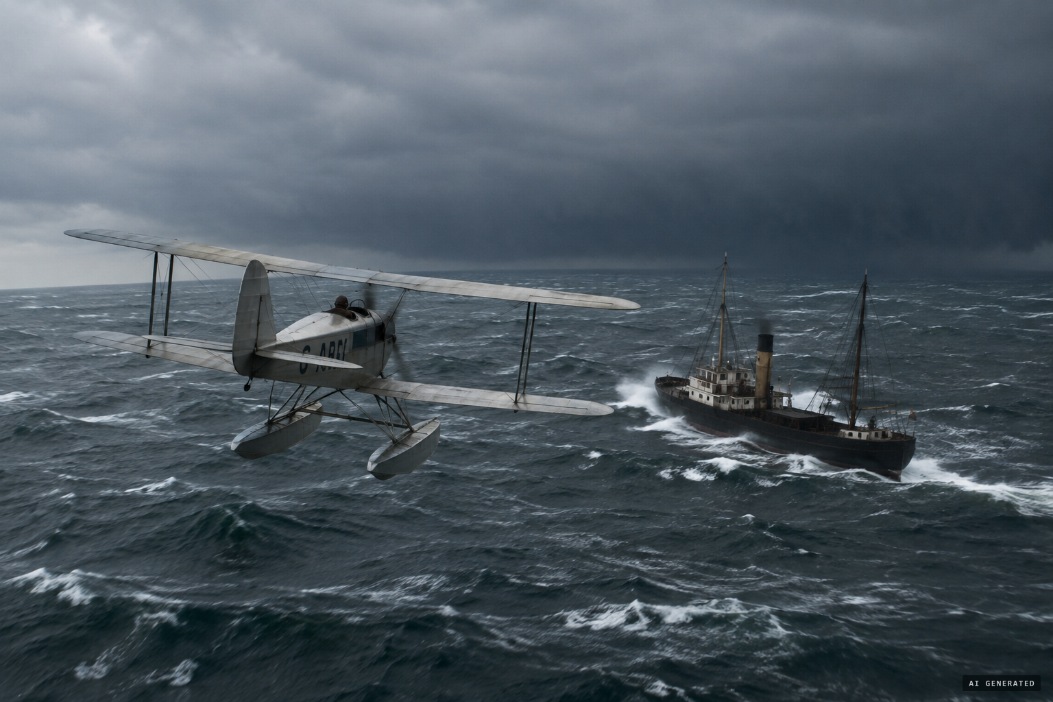 Passing the steamer SS Kurow in rough seas, skirting a storm front.