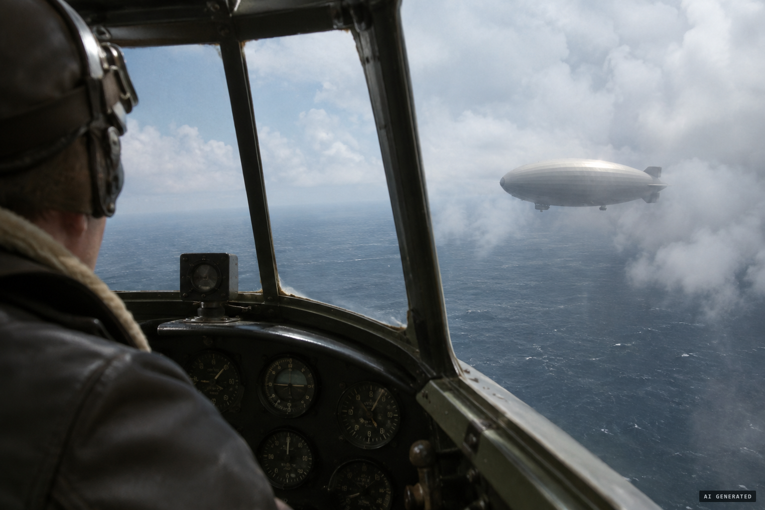 Out of clouds to his right front, another, or the same, airship advancing.