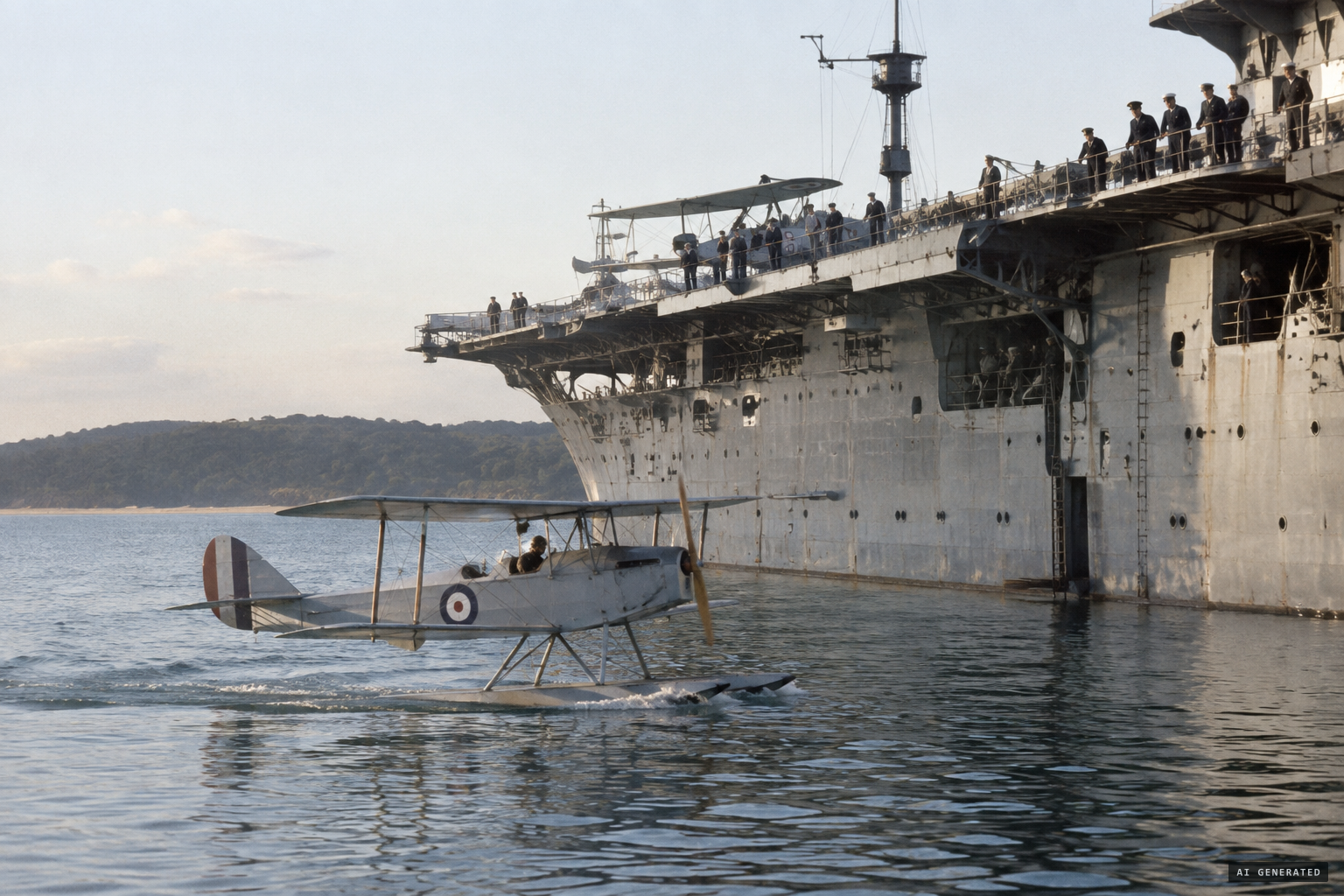 Landing at Jervis Bay beside the seaplane carrier HMAS Albatross.