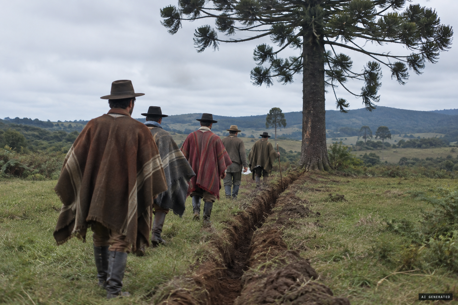 Locals follow a second trench under the roots of a large pine