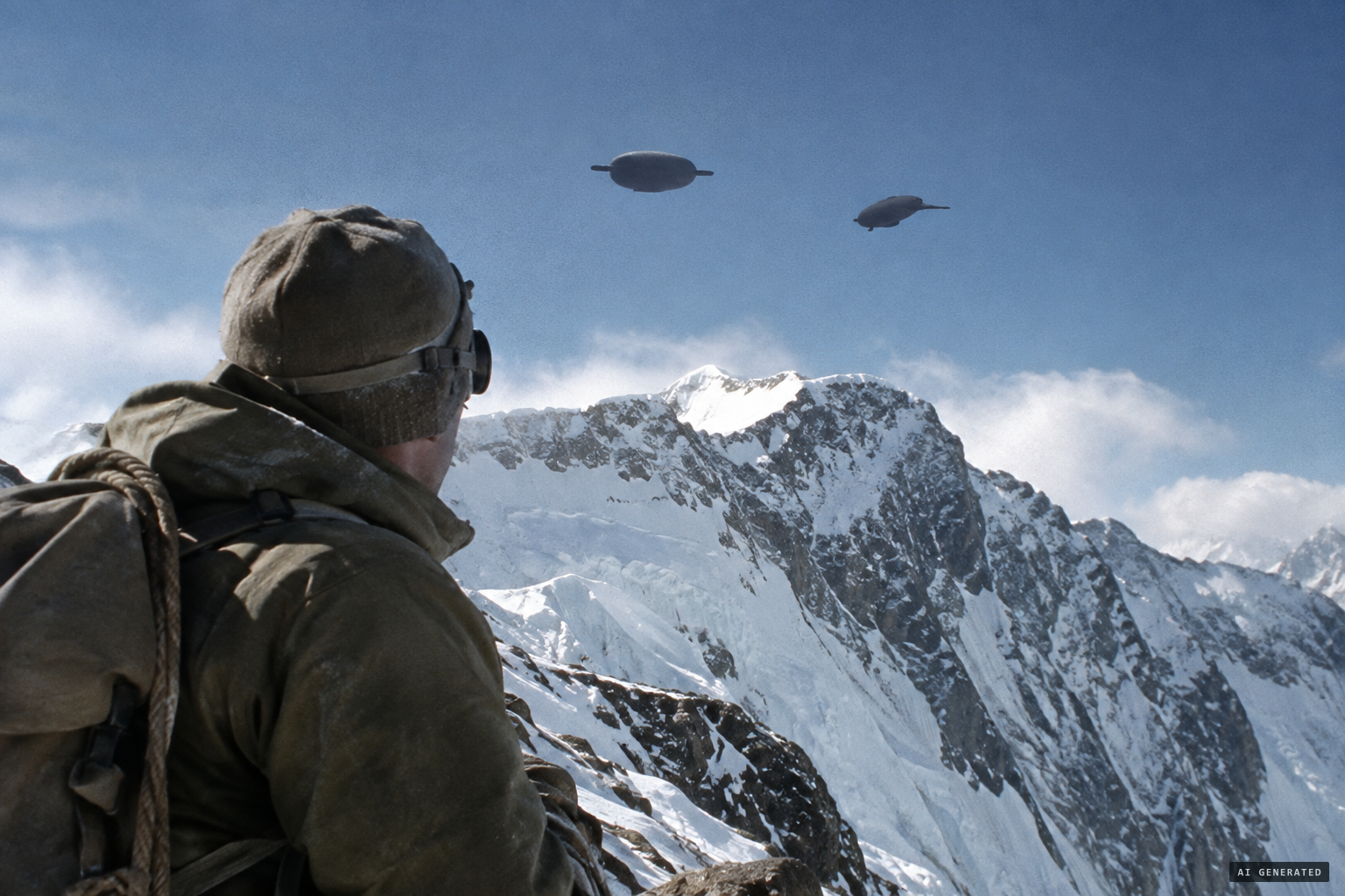 Two curious objects, shaped like kite balloons, floating above the north ridge