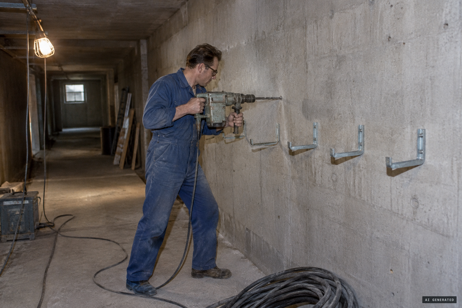 Electricians fix cable tray hooks into the cellar walls of the school under construction