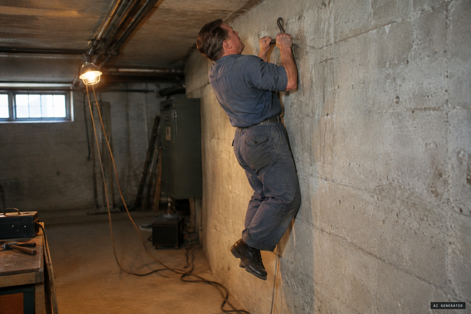 The foreman tests a hook with his own weight