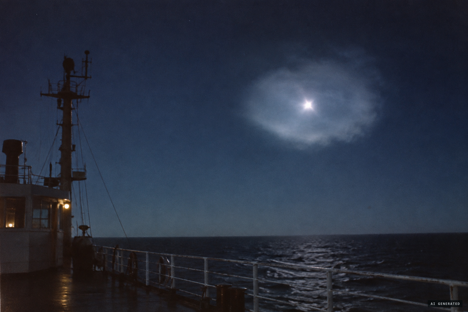 The glowing cloud climbs and drifts to starboard, a white light flashing at its heart