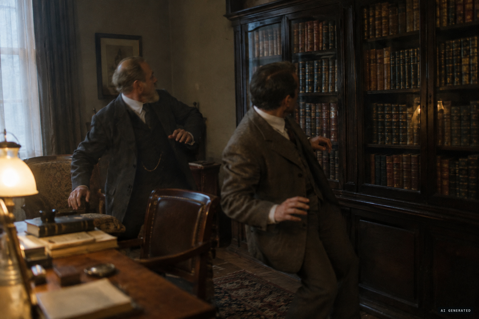 A loud report in the bookcase; both men start up, fearing it will topple