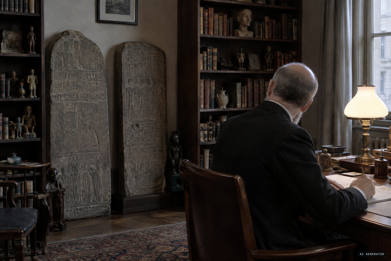 Freud listens to the creaking near his Egyptian steles and writes to Jung