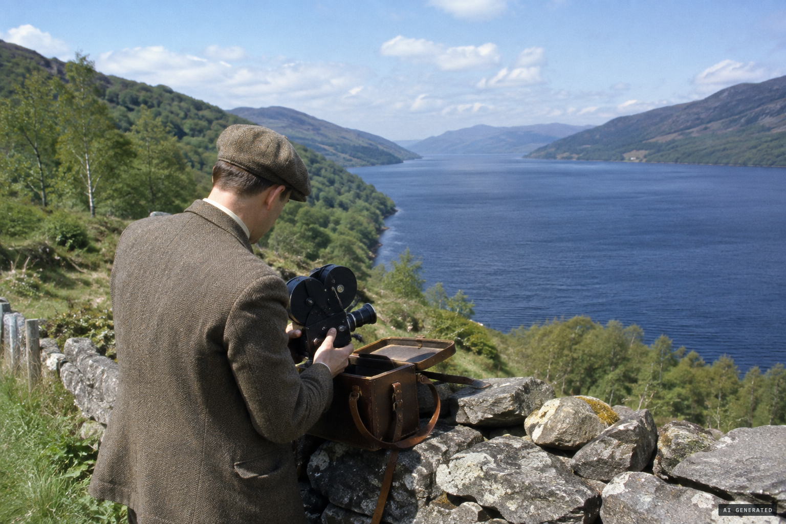 A visitor from Natal, G. E. Taylor, arrives at Loch Ness with a 16 mm camera and colour film