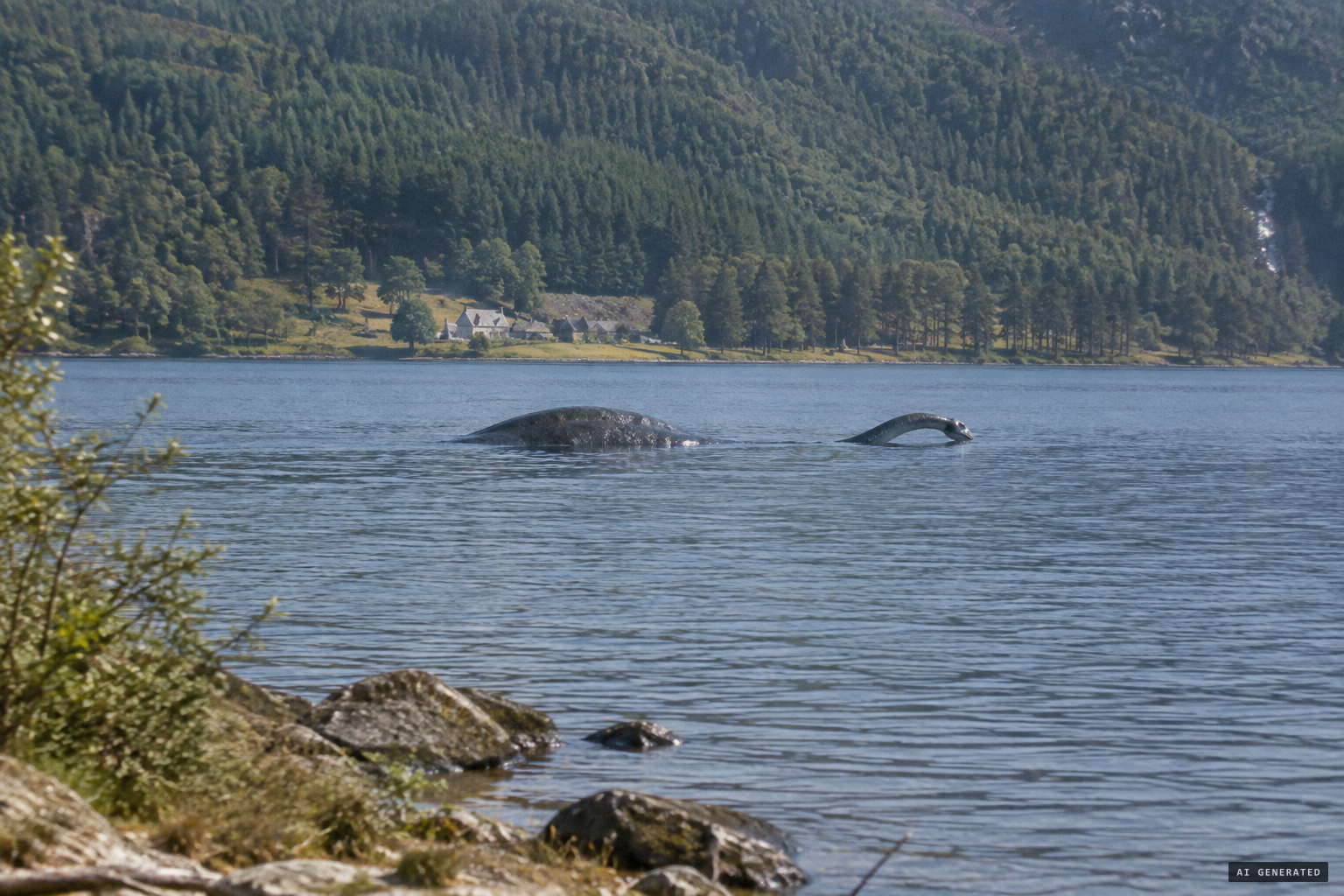 Around noon, a large rounded body with an arched neck lies 200 yards out