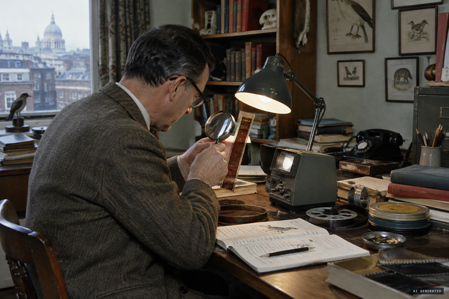 Zoologist Maurice Burton studies the reel frame by frame