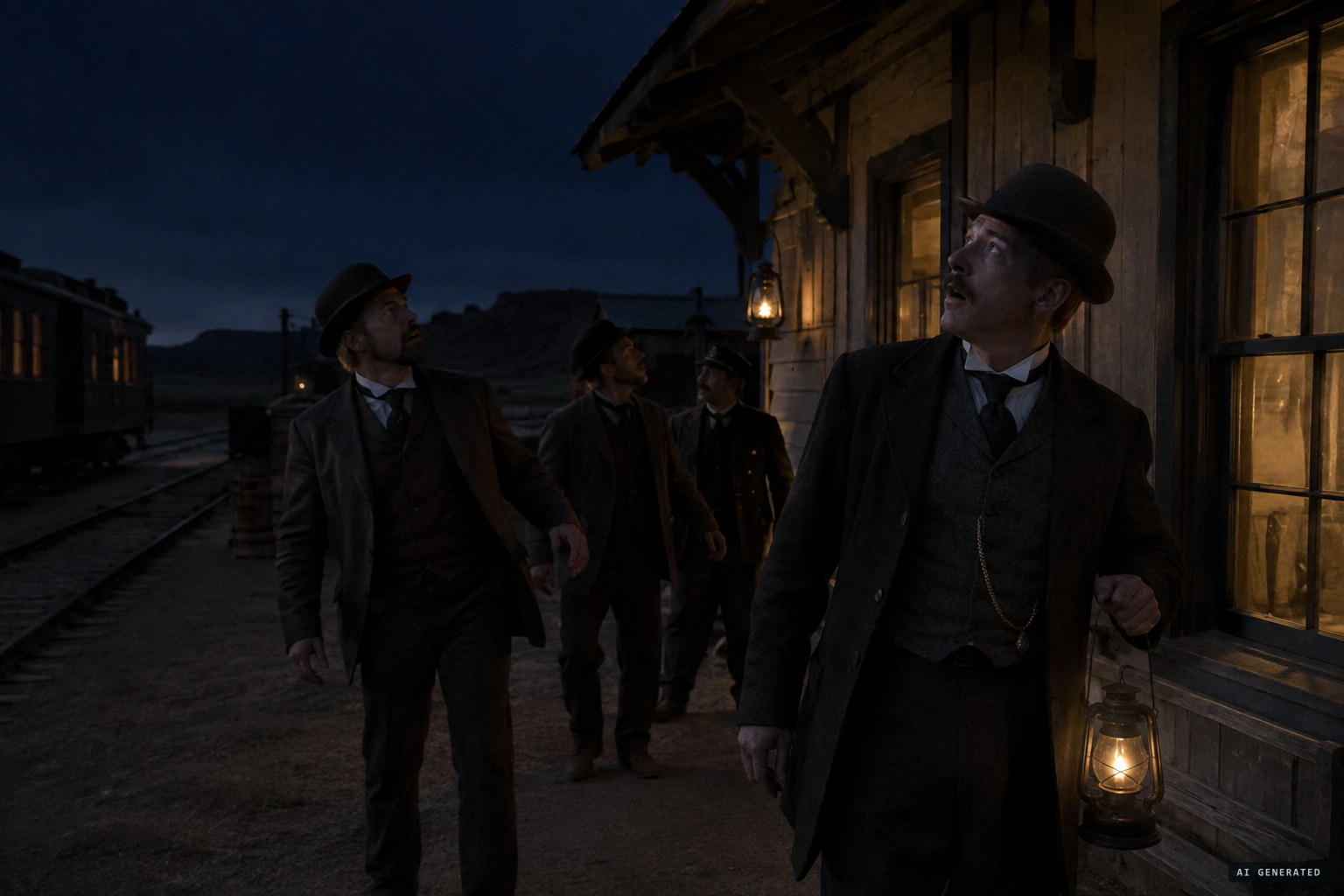 The station agent and his friends hear voices from above