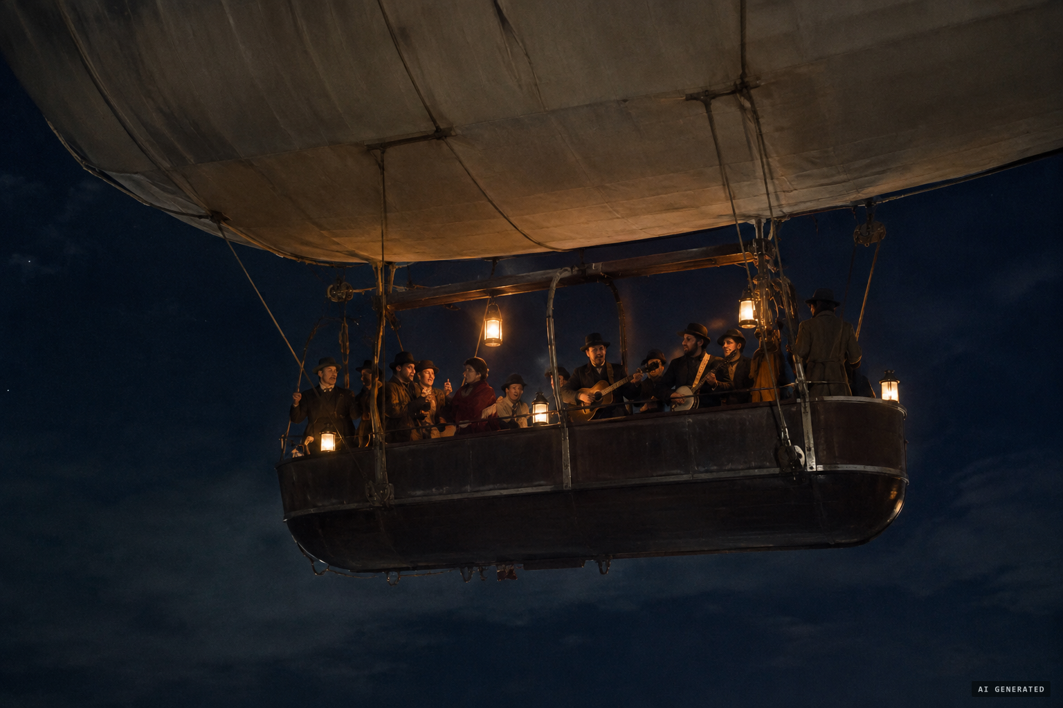 Eight to ten people aboard sing, laugh and make music in an unknown language
