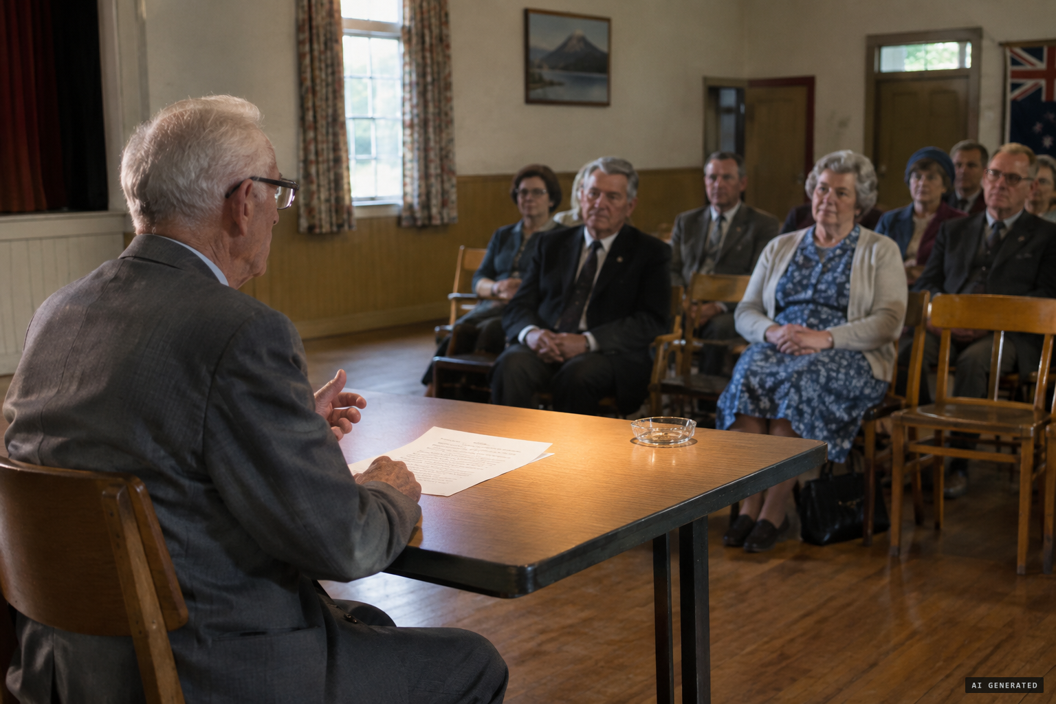 Frederick Reichardt tells his story at a UFO meeting in Rotorua