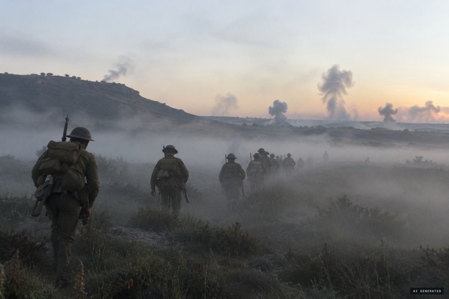 Troops moving through ground mist and battlefield smoke