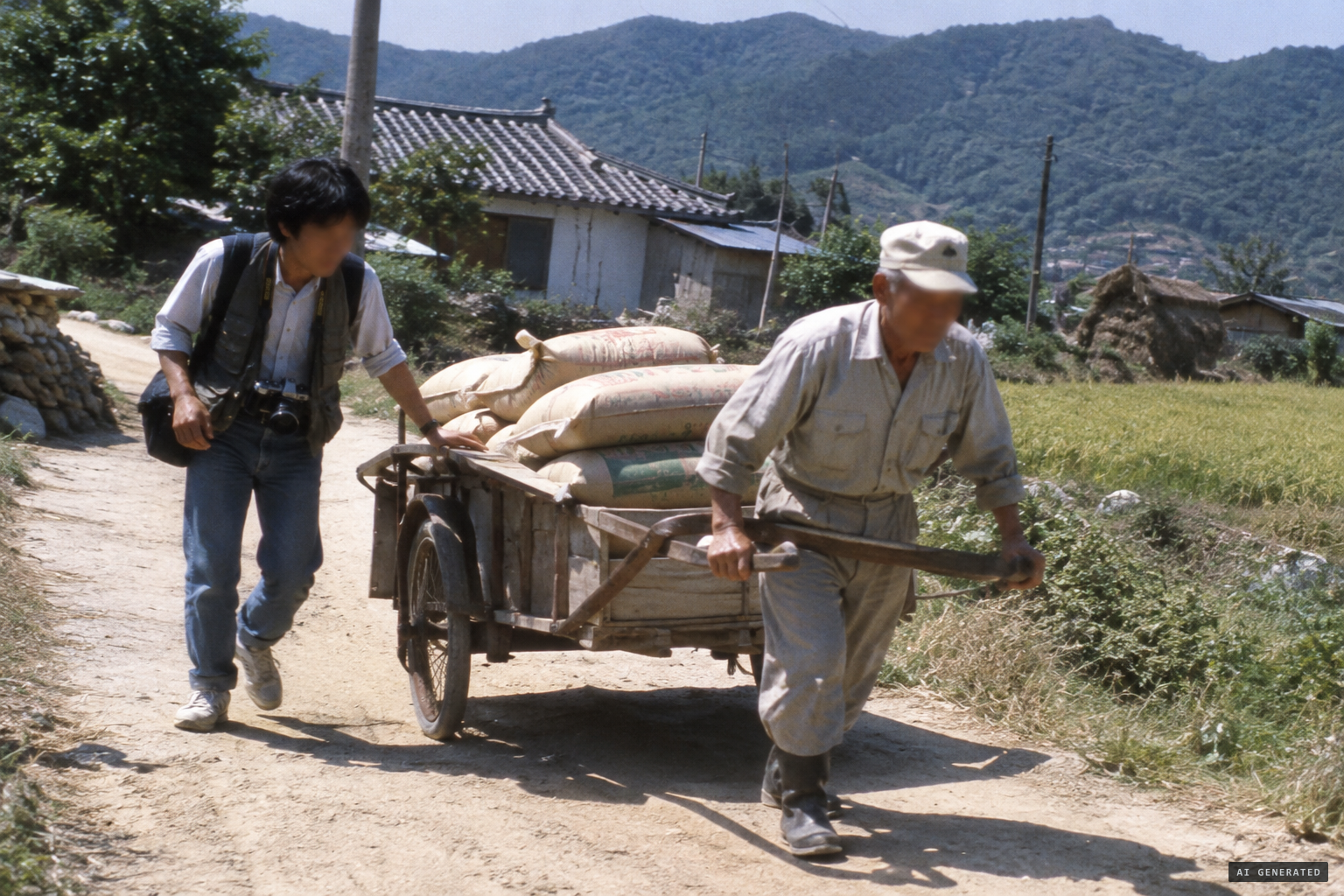 Kim helps an 81-year-old villager move rice on a handcart
