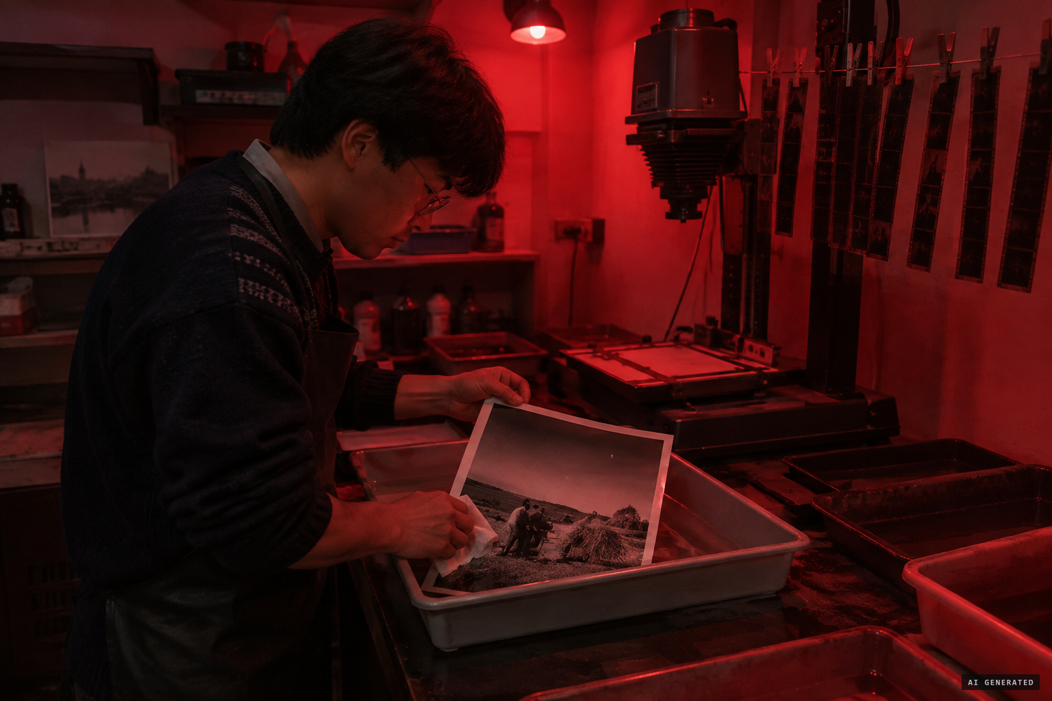 A darkroom technician keeps wiping the print, sure something is on the paper
