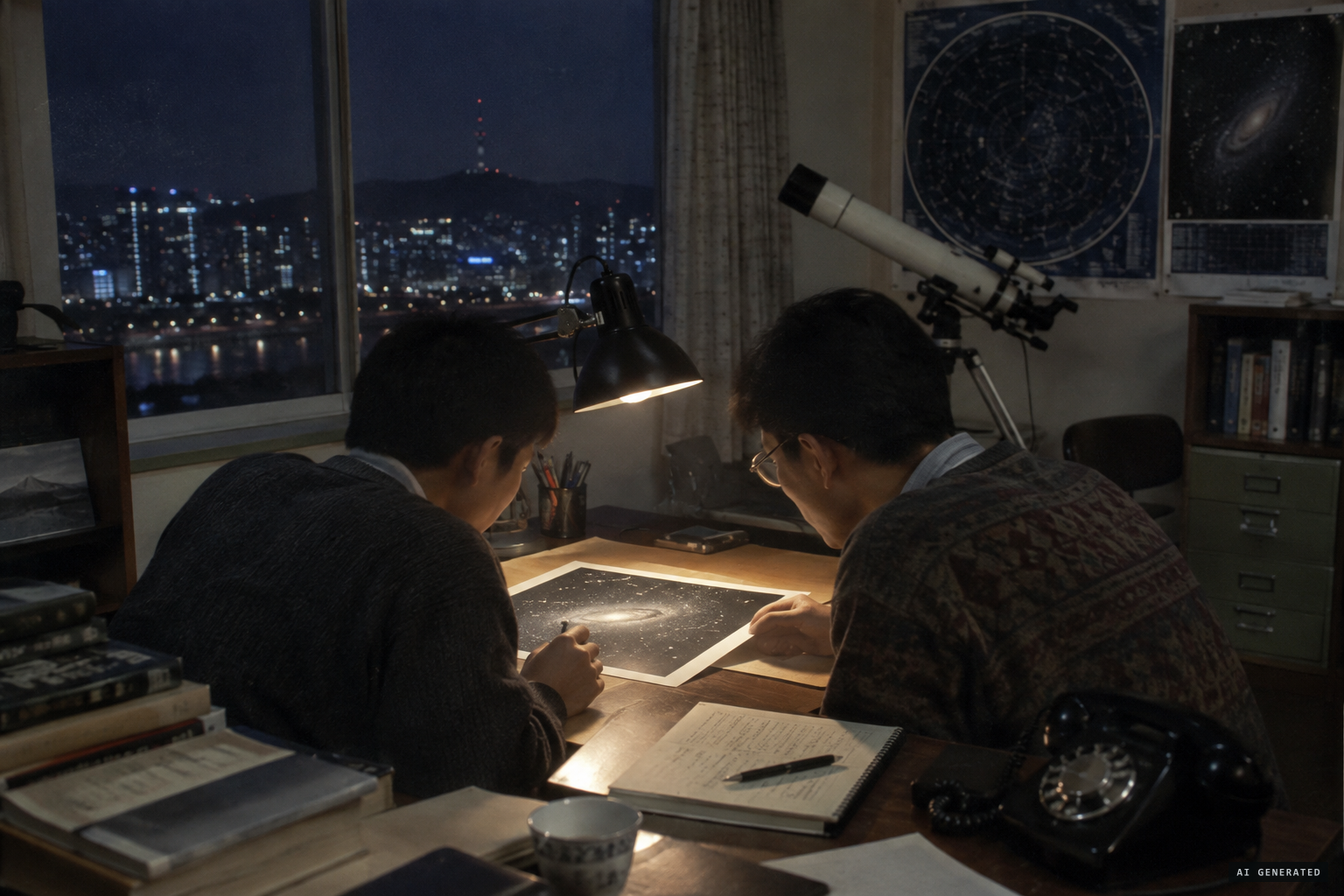 Kim checks the image with astronomer Jo Gyeong-cheol before going to print