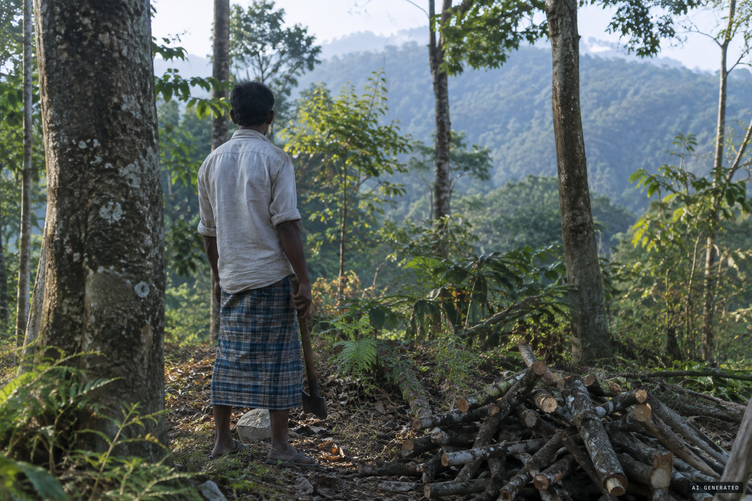 Woodcutter Nelbison Sangma at work in the forest near Nokrek