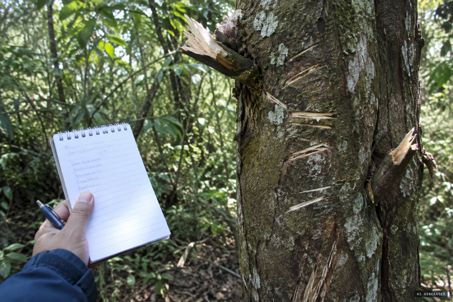 Broken branches and scratch marks on the bark at the sighting spot
