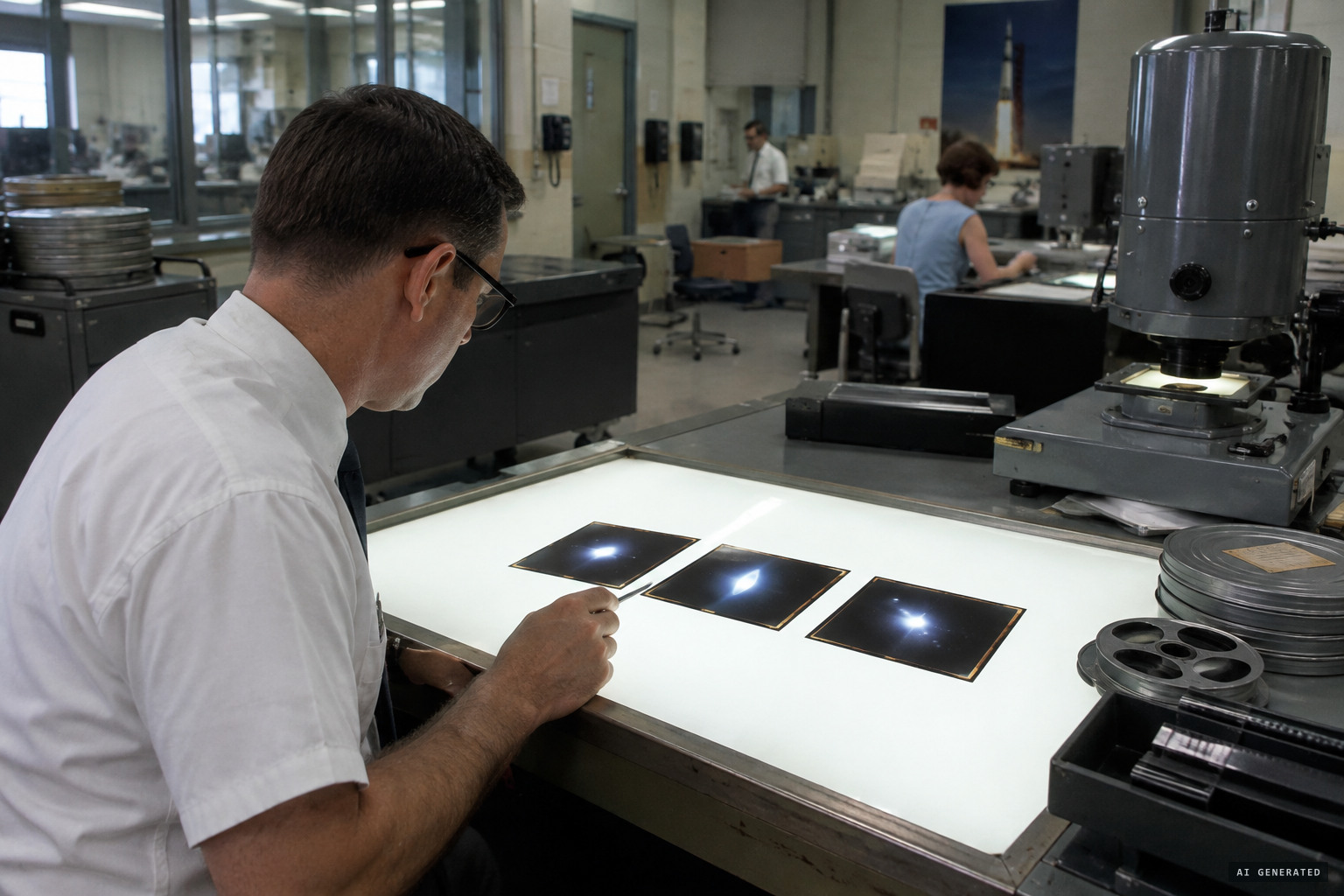 The three surviving Hasselblad frames of bright, haloed shapes