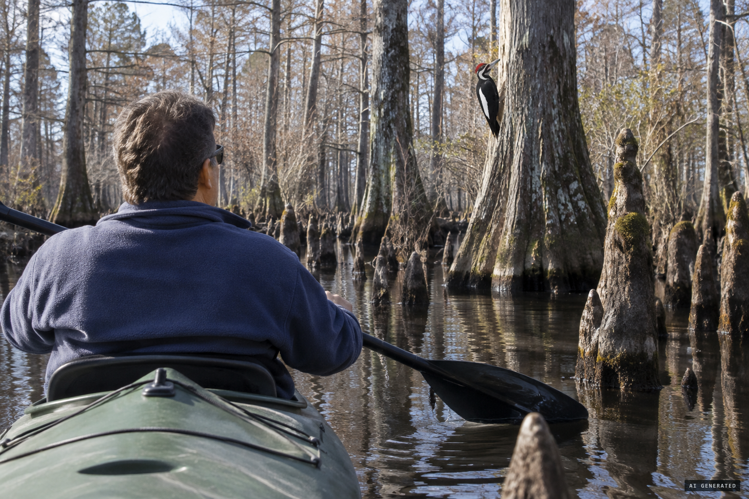 Gene Sparling, kayaking alone, sees an unusually large woodpecker land 20 m ahead