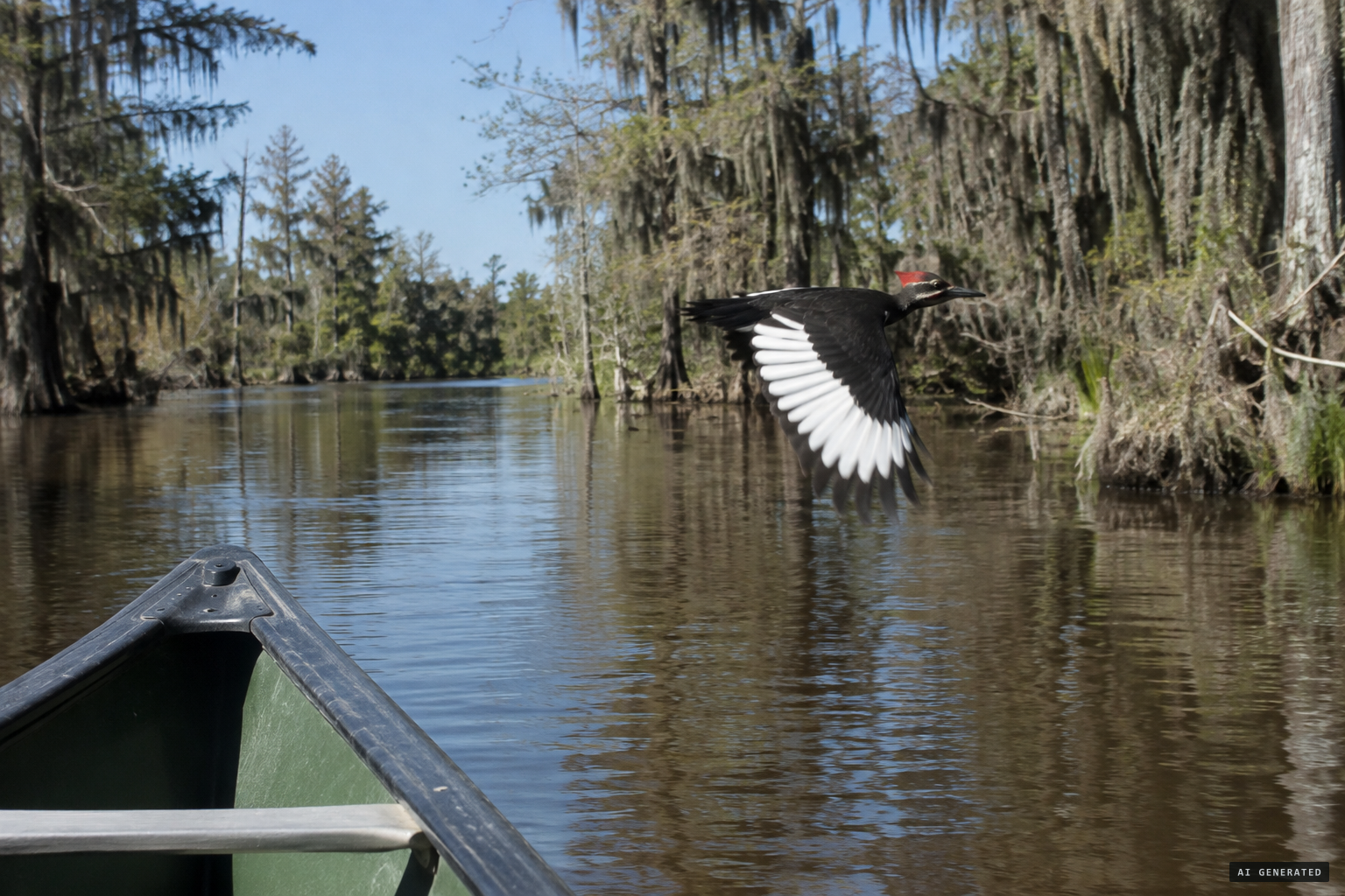 A large black-and-white woodpecker flies across the main channel