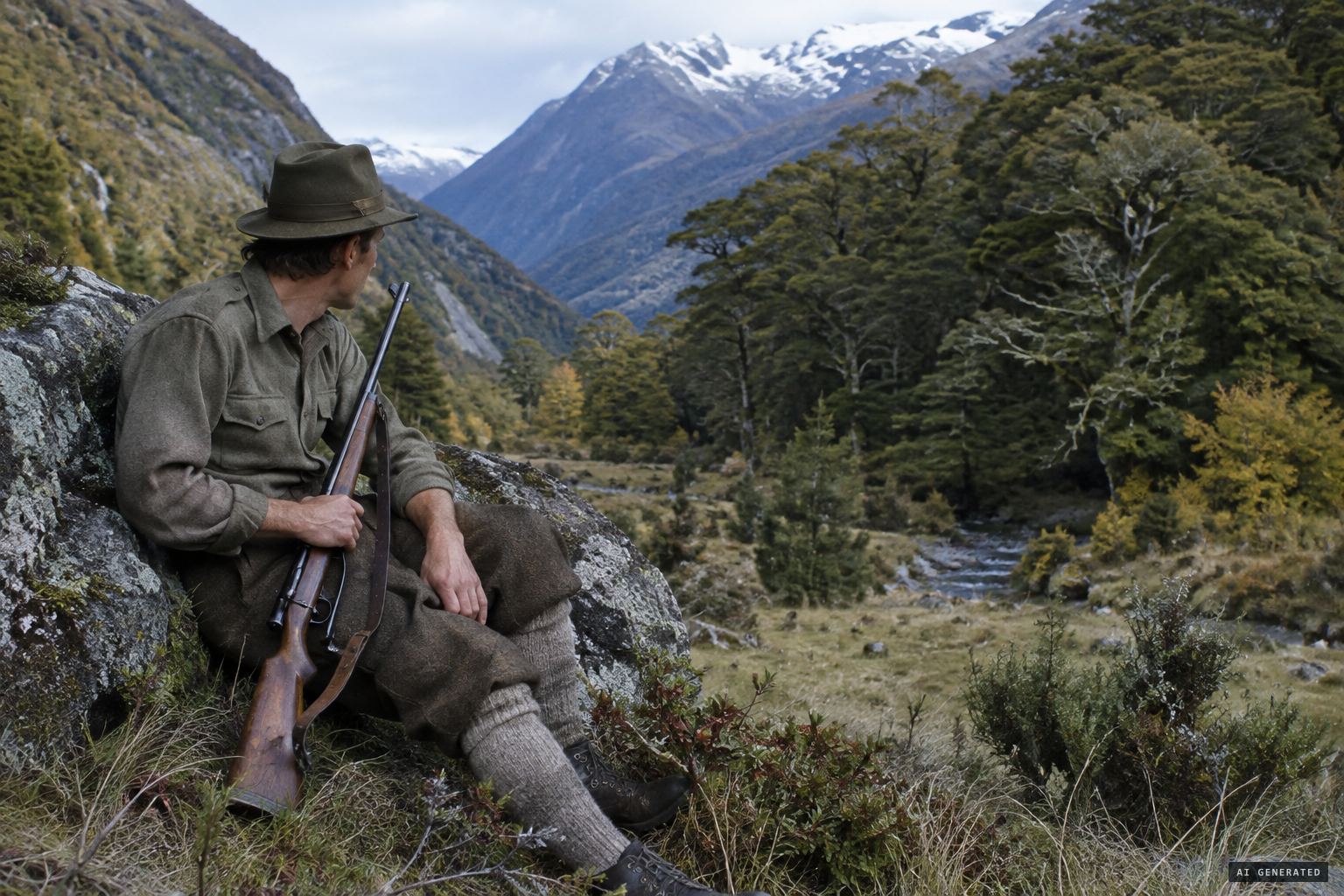 April 1948: resting while deer hunting, Orbell hears a deep, long call he does not recognise.