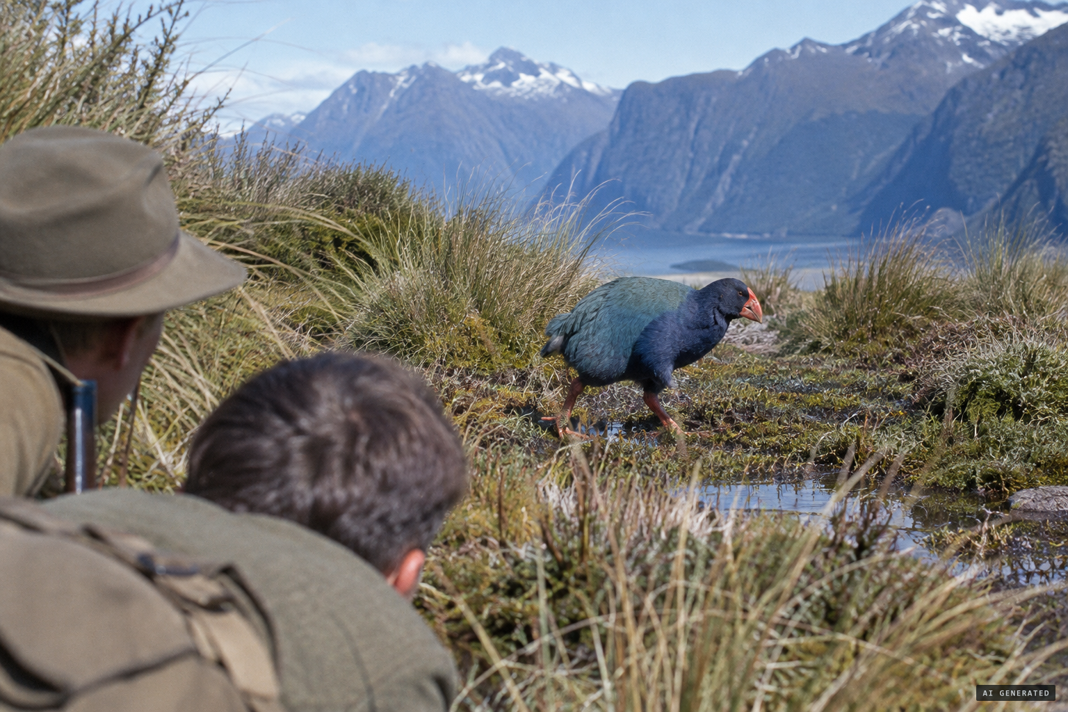 Within minutes they see one: a takahē strutting on swampy ground.