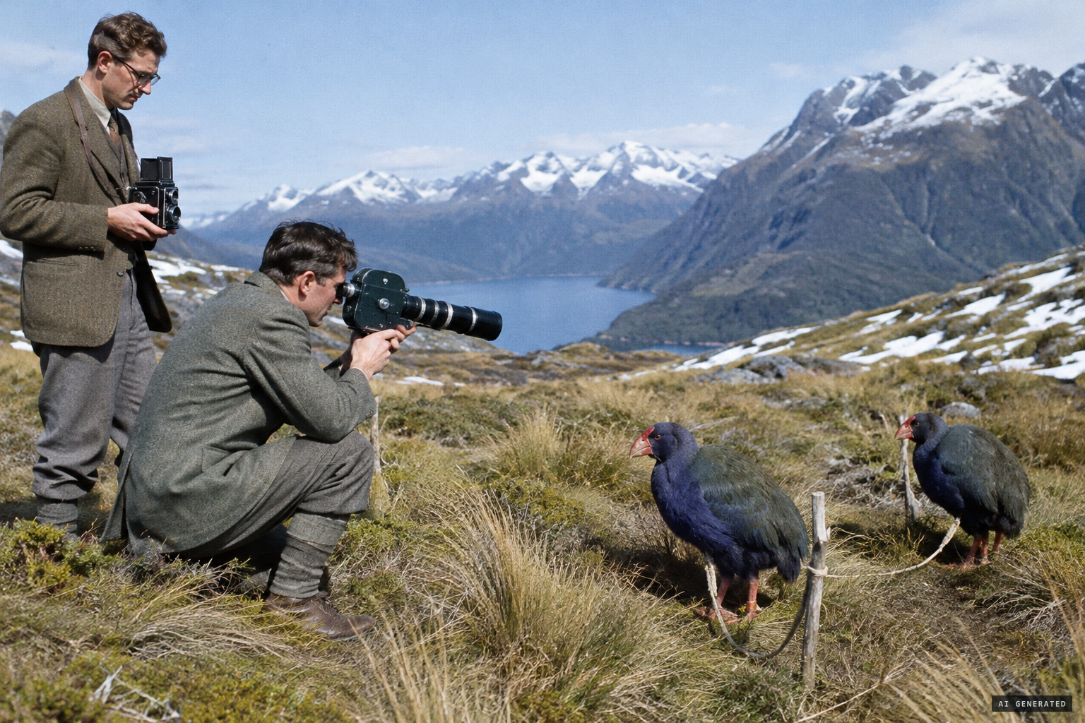 Orbell films and Watson photographs the two tethered takahē before setting them free.