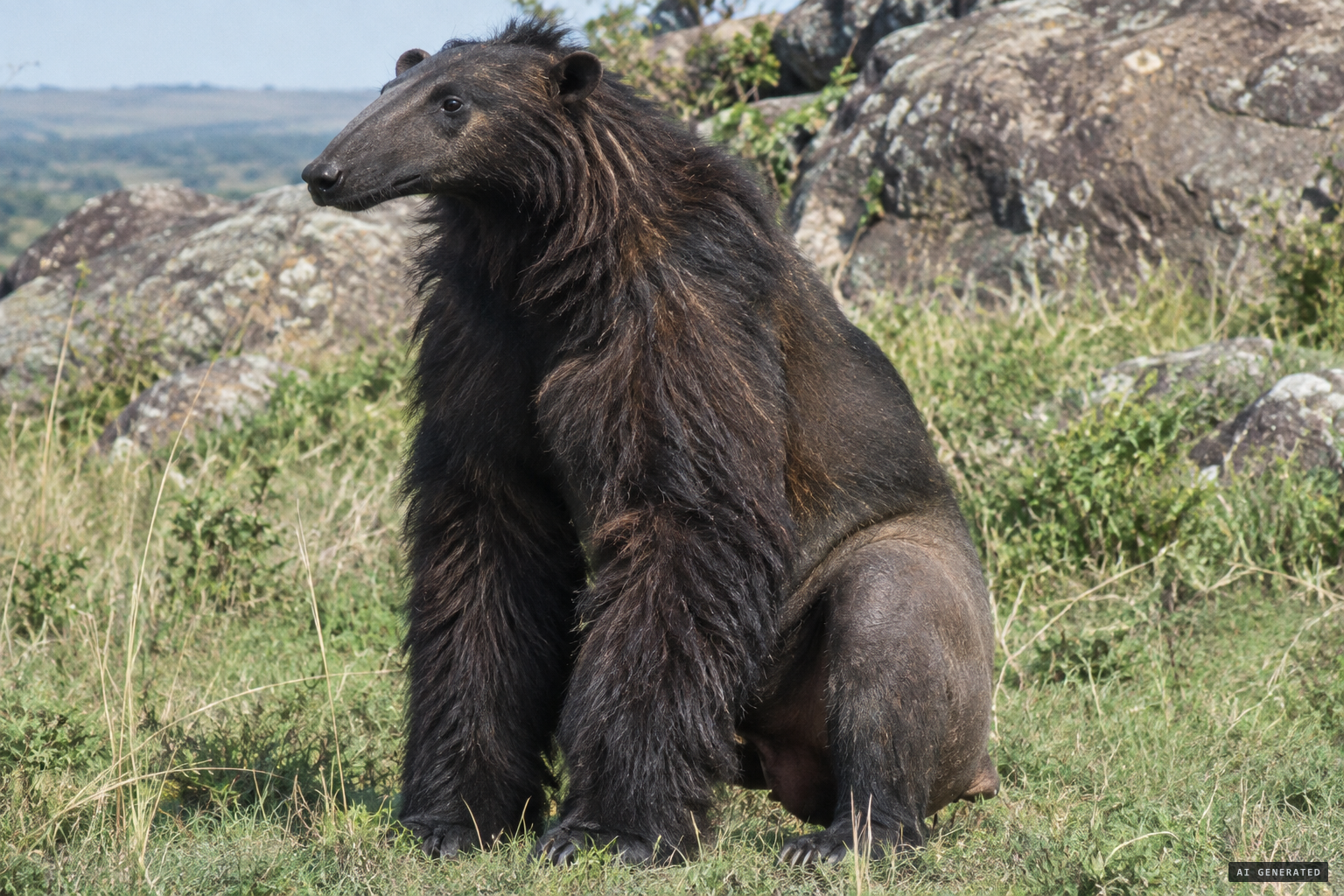 Dark and heavily built, thickly furred in front, with a long pointed head exactly like a bear's