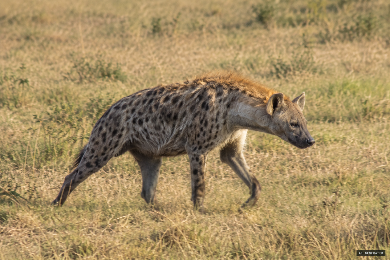 A hyena's sloping back and lurching gait could suggest a sideways canter