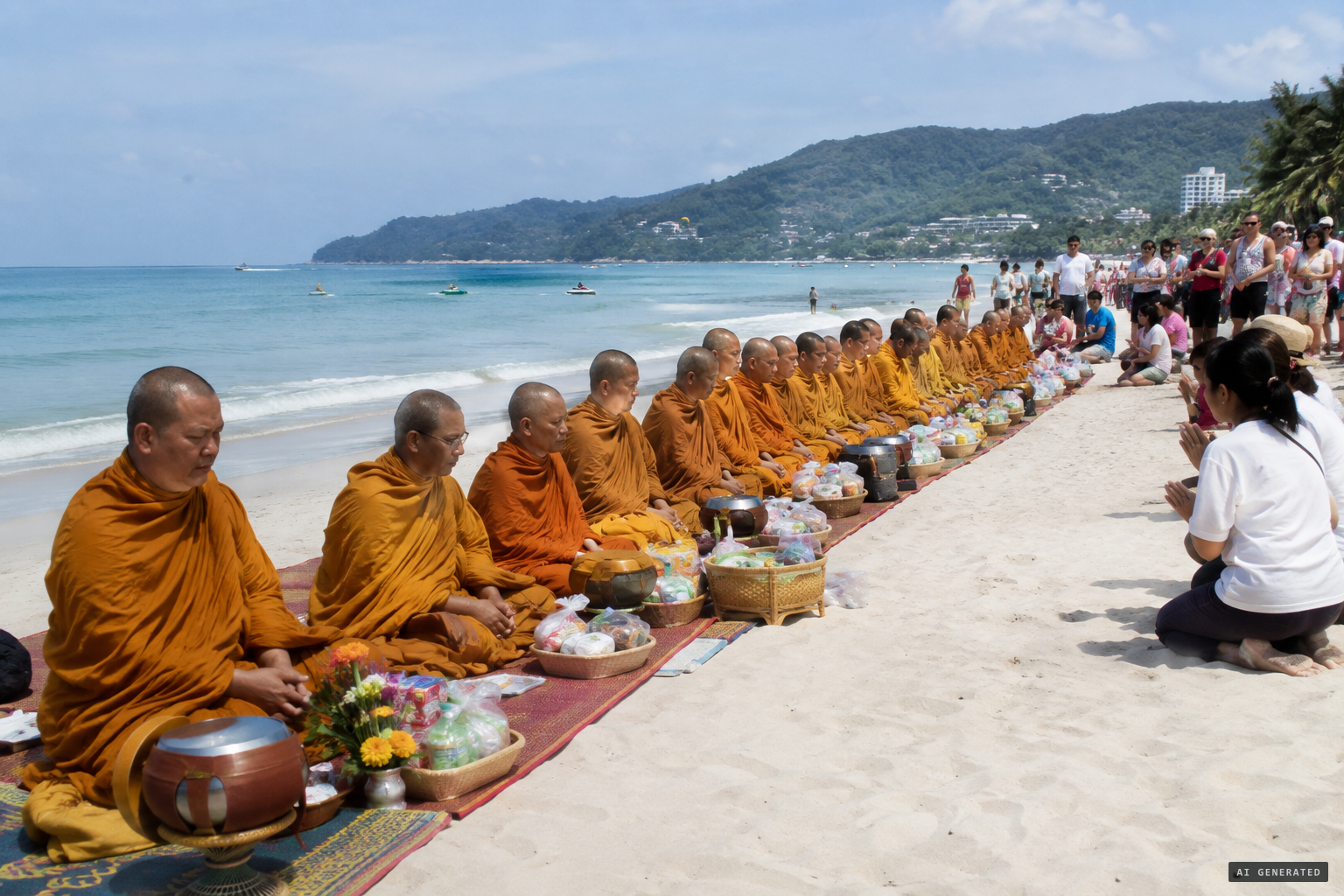 99 Buddhist monks hold a ceremony at Patong Beach, 18 January 2005
