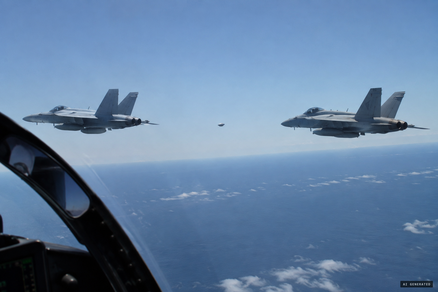 Something flies between two Super Hornets about 100 feet apart off the East Coast
