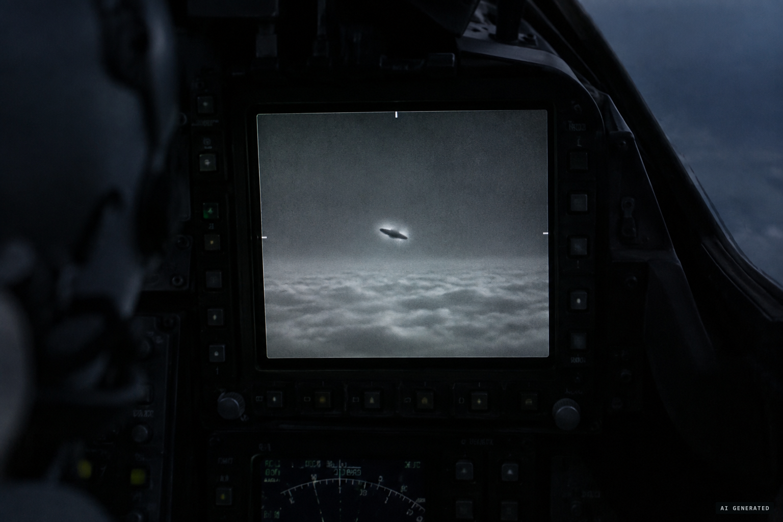 The targeting pod shows a dark, oblong object with a glowing aura above the clouds
