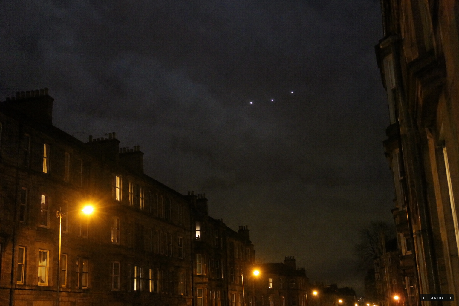 Three white objects seen flying above the East End under a cloudy sky around midnight