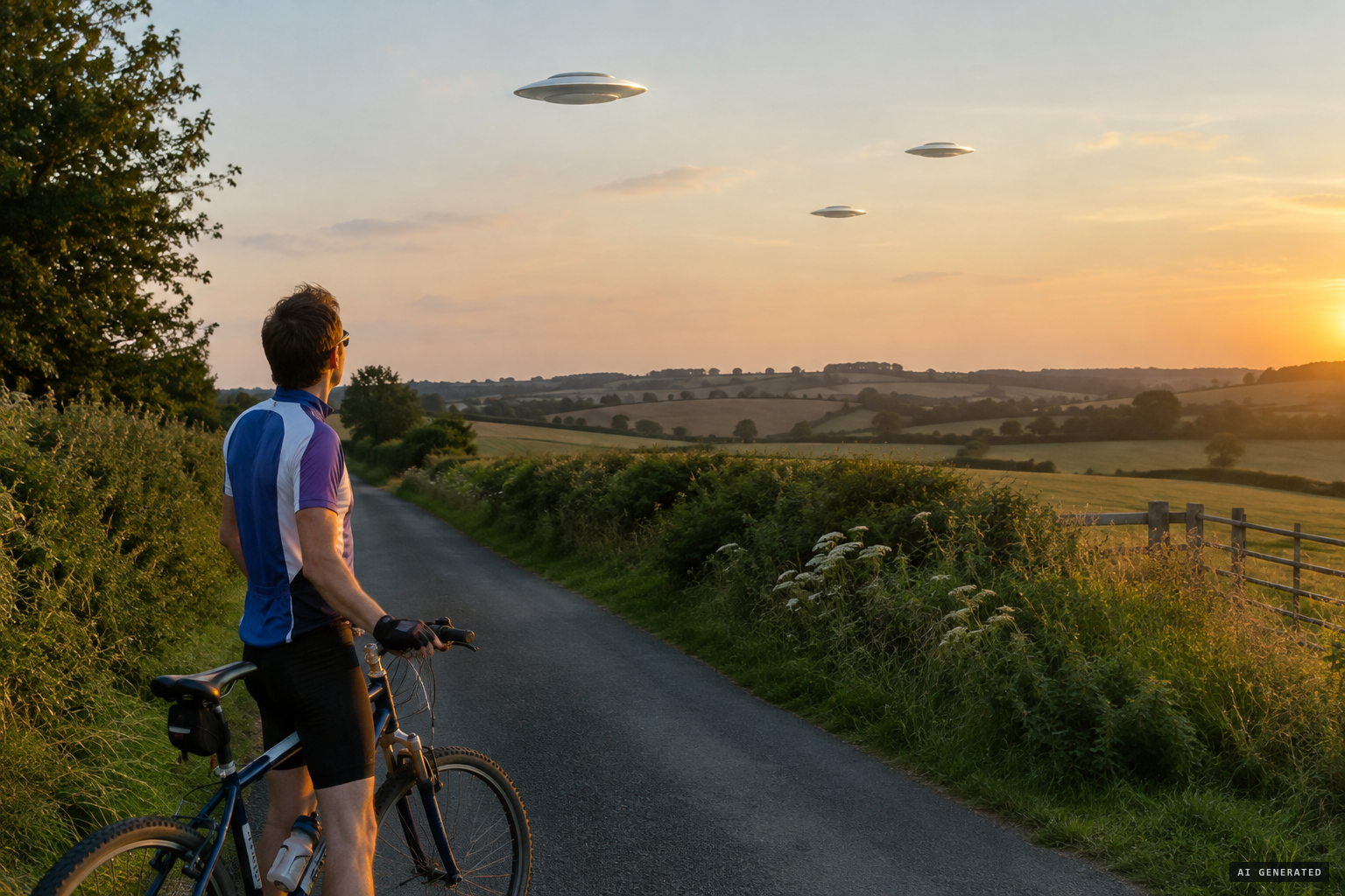 At Lockeridge, a cyclist sees three "white metallic craft" on the evening of 21 June