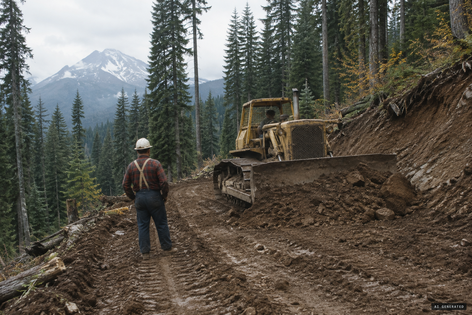Autumn 1967: Glen Thomas supervises logging-road work in Mt. Hood National Forest.