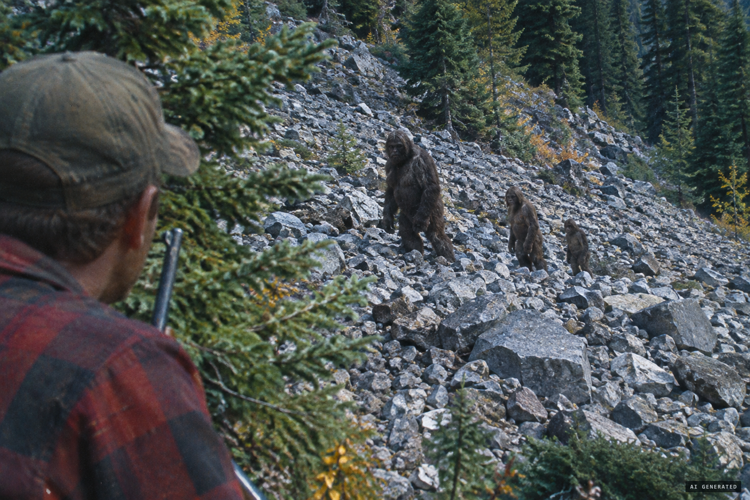 From the ridge, Thomas sees three hair-covered figures on the talus below.