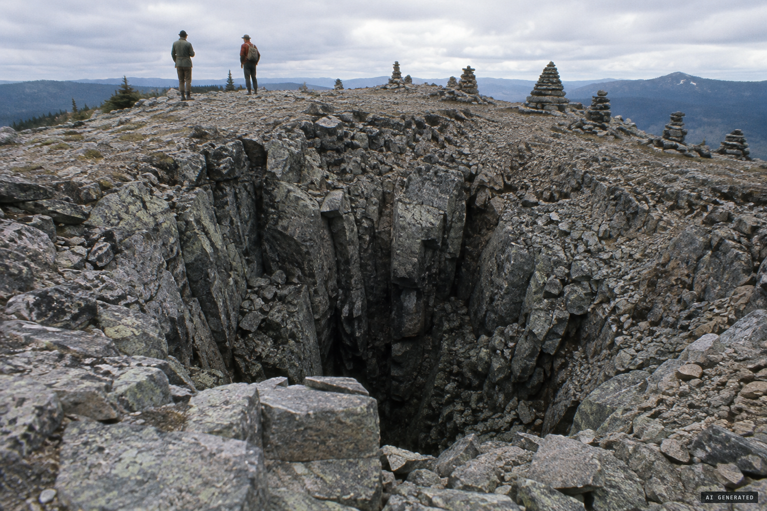 The pit, 'as steep-sided as a well', and the lines of rock stacks along the crest.