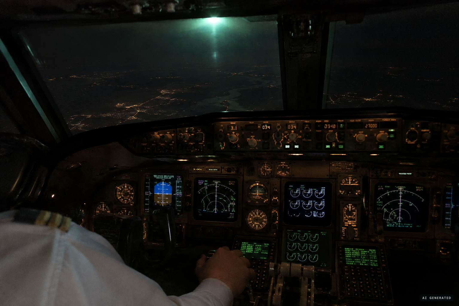 A greenish light appears in the top of the pilot's front window