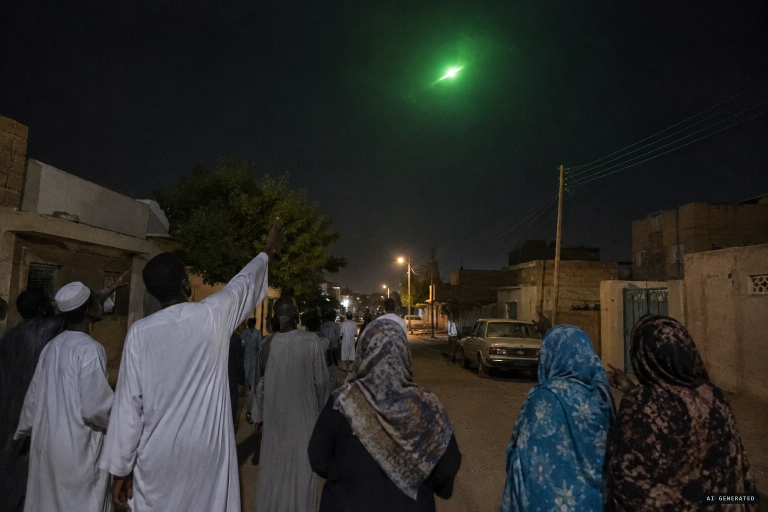 On the ground, residents see a luminous body with a radiant green glow