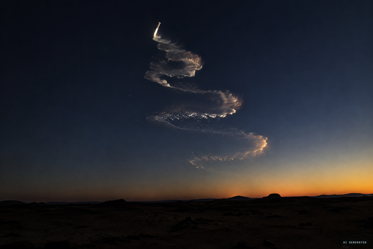 Frozen fuel crystals catch sunlight high up while the ground is still dark
