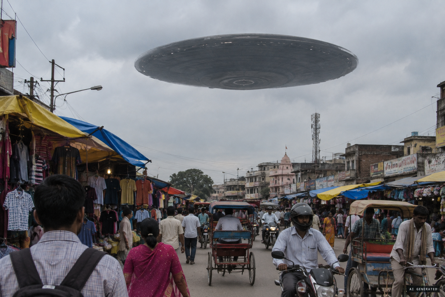 A huge disc-shaped flying object hovers over Padri market, rotating on its own