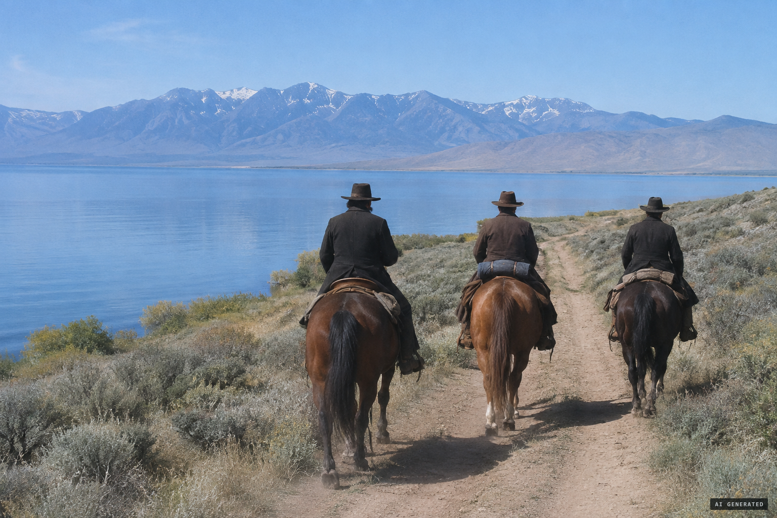 Bishop William Price, C. G. Webb and a third man ride south beside Utah Lake on a clear, calm day