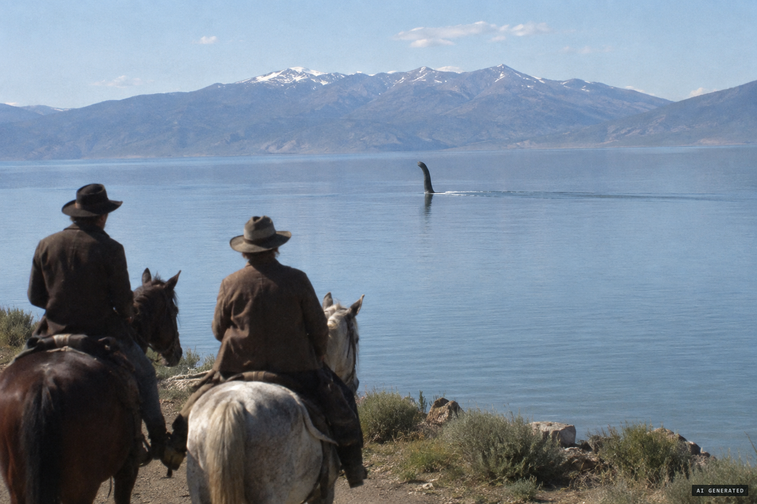 A snakish shape stands out of the water like a large stove pipe, about 60 feet long
