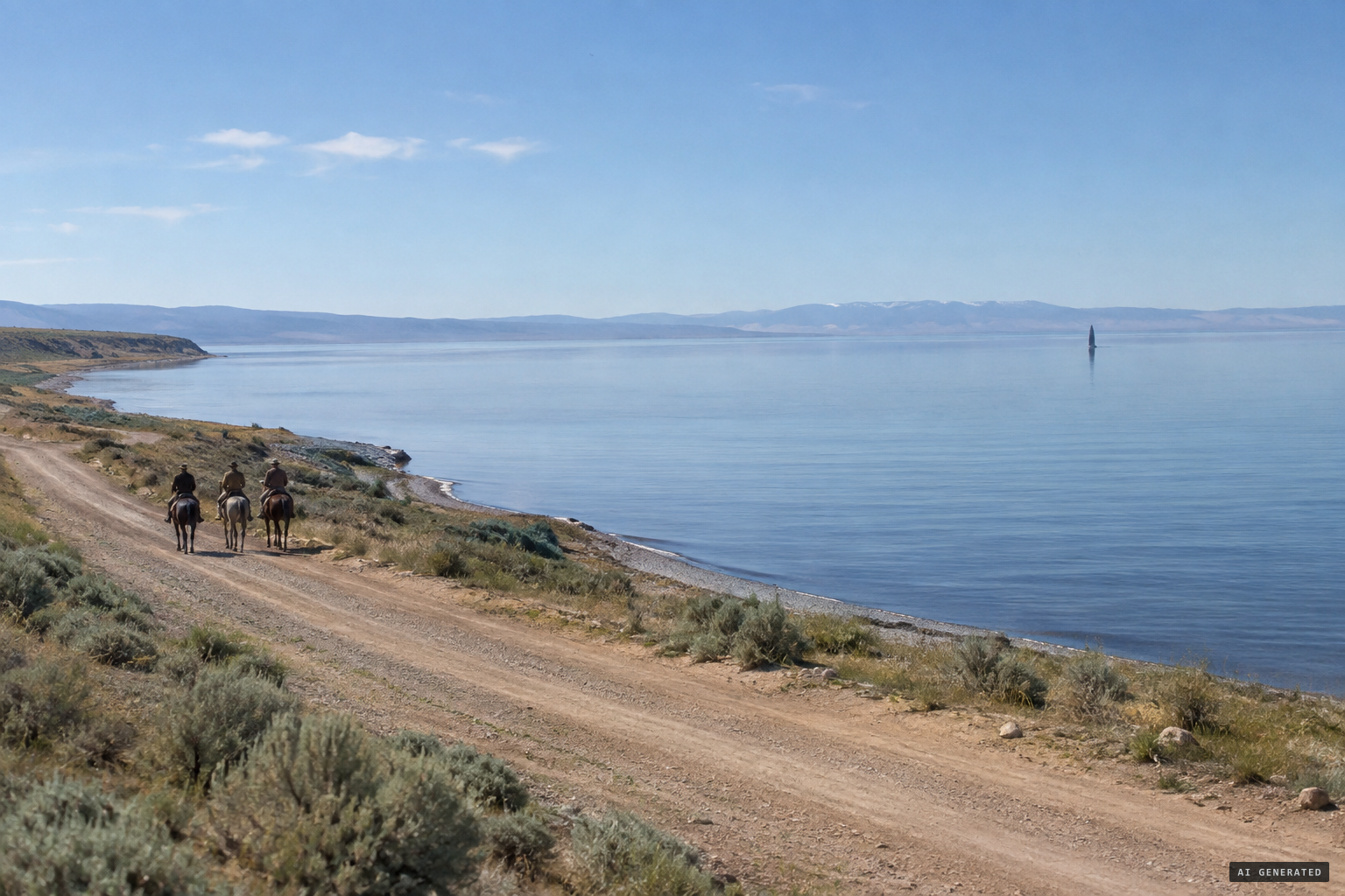 Three men on a lakeside road and an upright shape heading south
